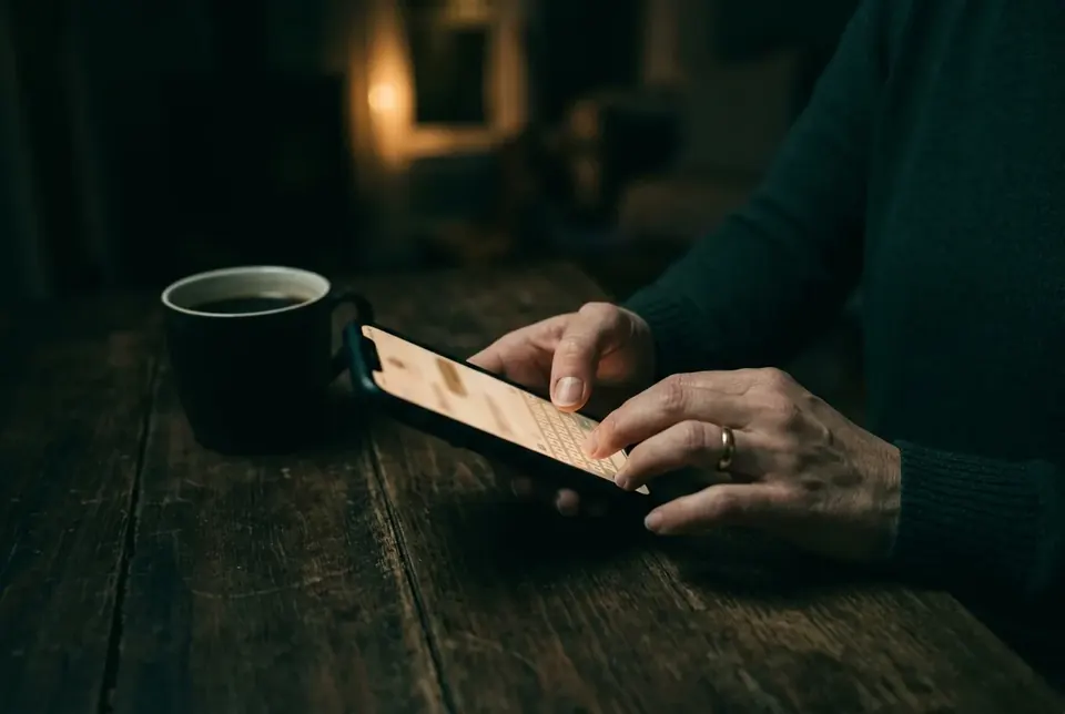 Persona escribiendo un mensaje en su teléfono junto a un café