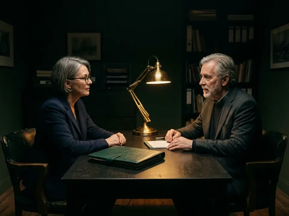 Dos personas conversando con calma en una mesa con café